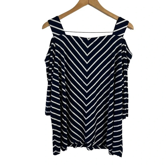 Catherines Blouse 2XW Petites Navy Blue White Stripes Cold Shoulder Stretch Plus - Picture 2 of 8